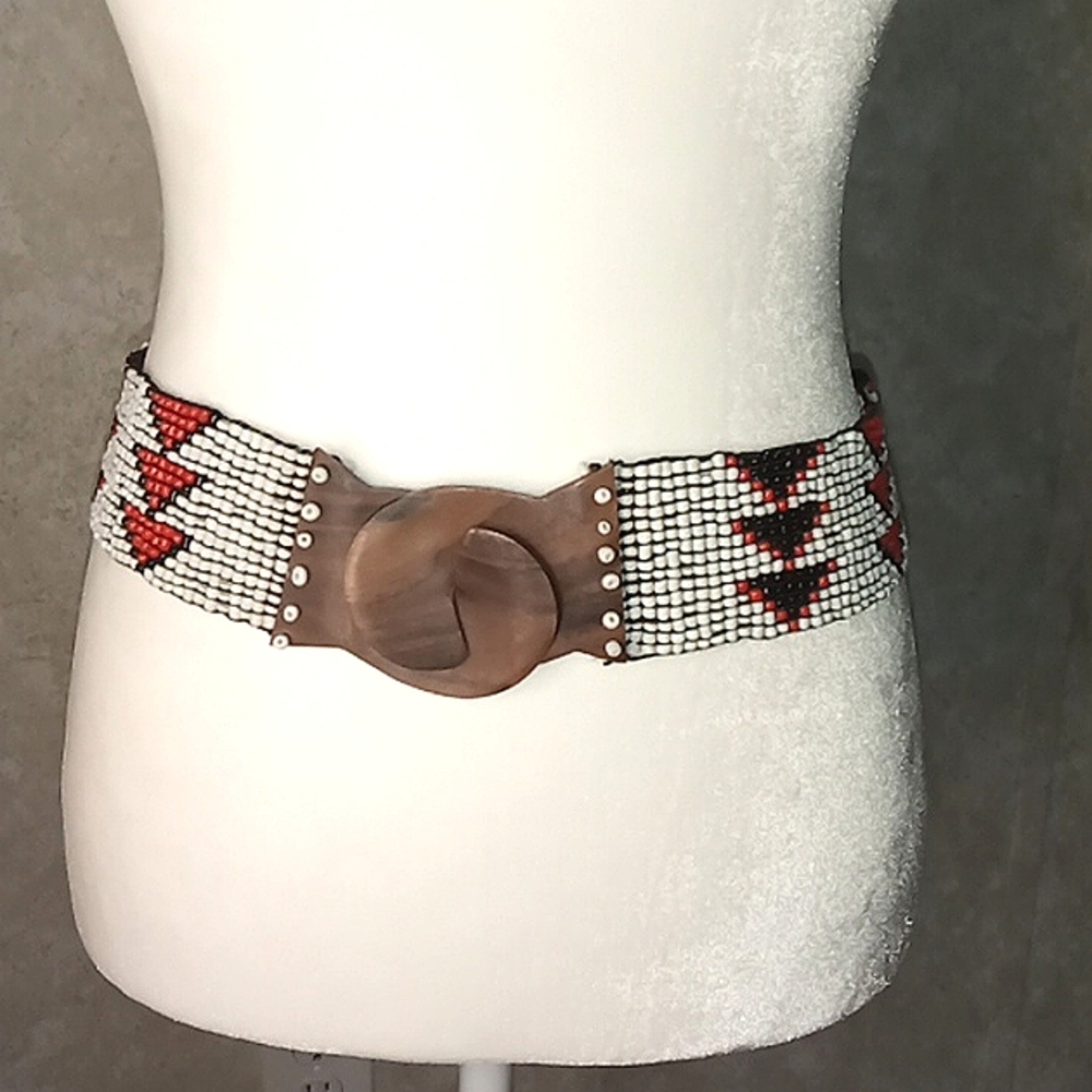 Unique Seed Bead Beaded Belt with wooded buckle, multi colors, orange,blk, white